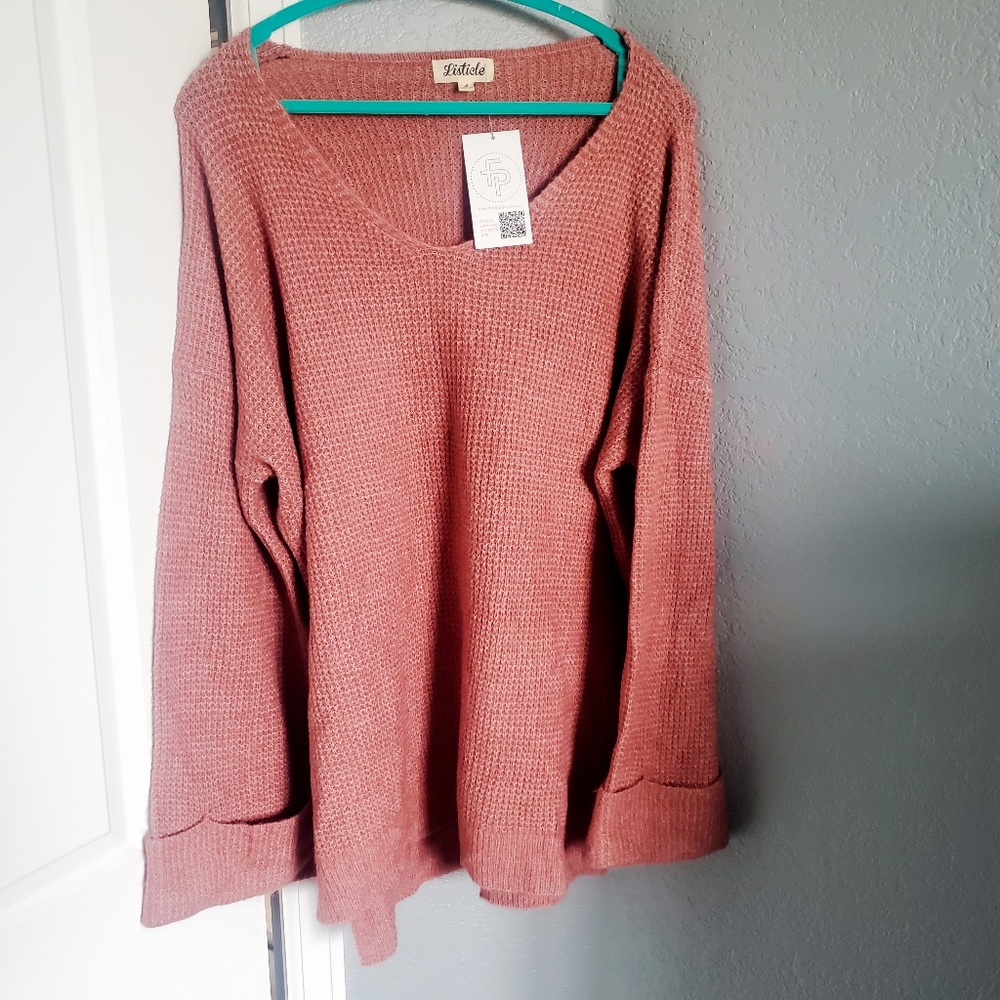 Listicle Solid Waffle Knit V Neck